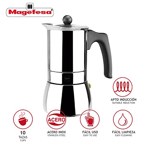 MAGEFESA Genova - Cafetera italiana fabricada en Acero inoxidable, capacidad para 10 tazas, apta para todo tipo de cocinas incluido INDUCCION (Cafetera 10 Tazas + 6 Cucharas moka)