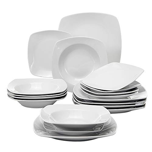 MALACASA, Serie Julia, 18 Piezas Vajilla de Porcelana con 6 Platos de Postre, 6 Platos Hondos y 6 Platos Llanos vajilla completa para 6 persona