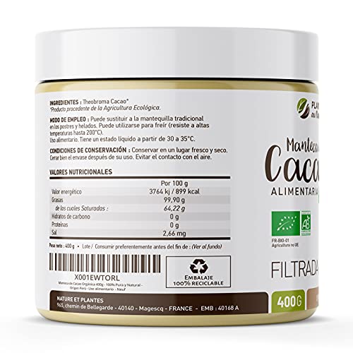 Manteca de Cacao Orgánica 400g - 100% Pura y Natural - Origen Perú - Uso alimentario