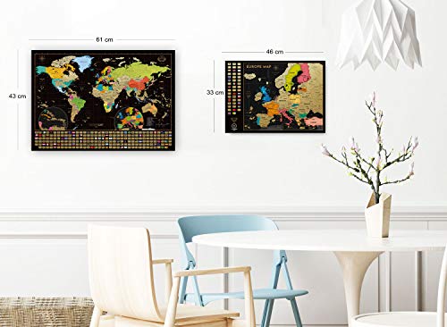 Mapa Mundi Rascar (61 X 43 cm) + Mapa Europa Rascar (46 X 33 cm). El paquete de regalo incluye una herramienta para rascar con precisión y pegatinas de recuerdo de viajes, oro/negro