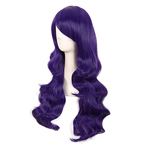 MapofBeauty 28 Pulgadas/70cm Encantadoras Mujeres Con Flequillo Lateral Largo y Rizado Peluca Sintética de Pelo Completo (Morado Oscuro)