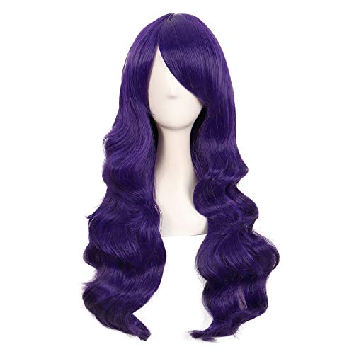 MapofBeauty 28 Pulgadas/70cm Encantadoras Mujeres Con Flequillo Lateral Largo y Rizado Peluca Sintética de Pelo Completo (Morado Oscuro)