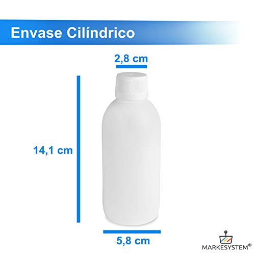 MARKESYSTEM - Botella blanca 250ml (Pack 5 Botellas) tapón de rosca hermético con precinto - Uso alimentario y cosmético - Valona vacía de plástico reciclable HPDE + Kit etiquetado