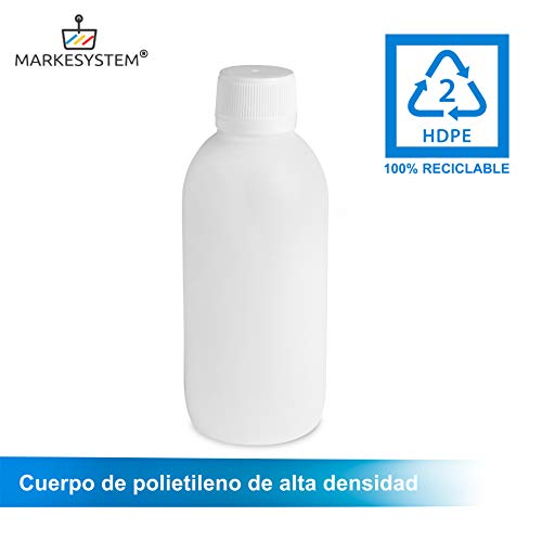 MARKESYSTEM - Botella blanca 250ml (Pack 5 Botellas) tapón de rosca hermético con precinto - Uso alimentario y cosmético - Valona vacía de plástico reciclable HPDE + Kit etiquetado