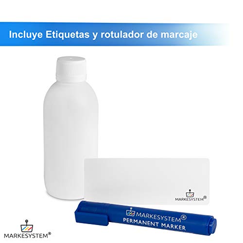 MARKESYSTEM - Botella blanca 250ml (Pack 5 Botellas) tapón de rosca hermético con precinto - Uso alimentario y cosmético - Valona vacía de plástico reciclable HPDE + Kit etiquetado