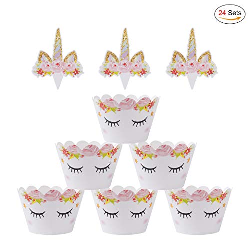 MengH-SHOP Cupcake Topper Wrapper Cupcake Wraps Liner Baking Cup Party Supplies Cake Decorations para Niños Niñas Regalo Unicornio Decoraciones de Fiesta de Cumpleaños 24 Pack