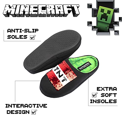 Minecraft - Pantuflas Negras para Niños - Pantuflas de Minecraft con Lentejuelas Reversibles - Diseño del Creeper de Minecraft y Caja de TNT - Pantuflas para Niños Talla UK 1/EUR 33, Edad 8