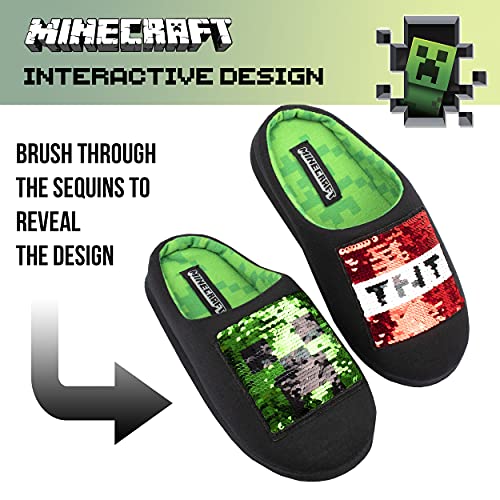 Minecraft - Pantuflas Negras para Niños - Pantuflas de Minecraft con Lentejuelas Reversibles - Diseño del Creeper de Minecraft y Caja de TNT - Pantuflas para Niños Talla UK 1/EUR 33, Edad 8