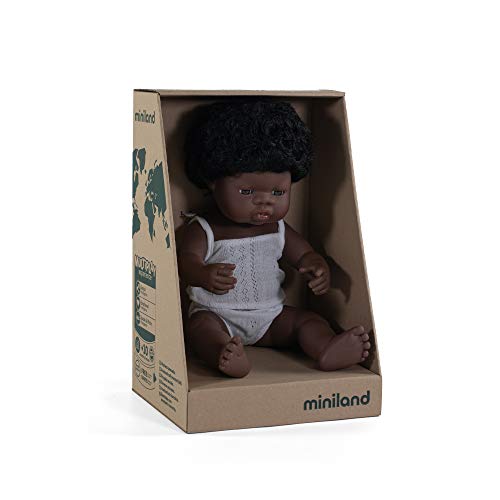 Miniland – Muñeco bebé Africana Niña de vinilo suave de 38cm con rasgos étnicos y sexuado para el aprendizaje de la diversidad con suave y agradable perfume. Presentado en caja de regalo.