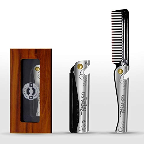 Mobsters - Peine plegable para hombre - Peine de bolsillo, barba y bigote - Dientes finos - Cuidado de la barba y abrebotellas de cerveza macho caja de regalo