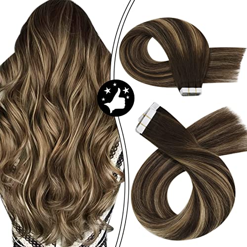 Moresoo Extensiones Adhesivas de Cabello Natural 30cm Extensiones Pelo Humano 30g/20pcs Súper Brillante Extensiones de Pelo Brasileño #4/27/4 Balayage Marrón Oscuro con Rubio Caramelo