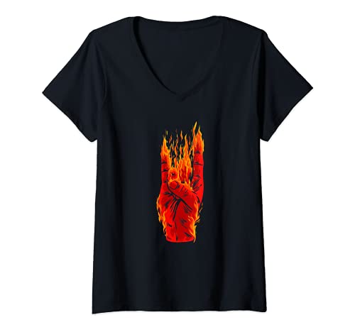 Mujer Rock On Fire Zombie Mano Muerte Halloween Horror Monster Camiseta Cuello V