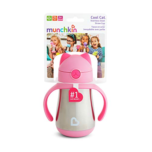 Munchkin Cool Cat - Vaso de acero inoxidable con pajita, rosa, 237 ml