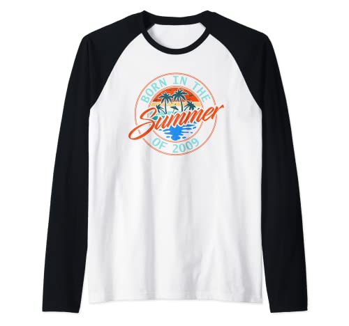 Nacido en el verano de 2009 Retro Sunset Beach Lover cumpleaños Camiseta Manga Raglan