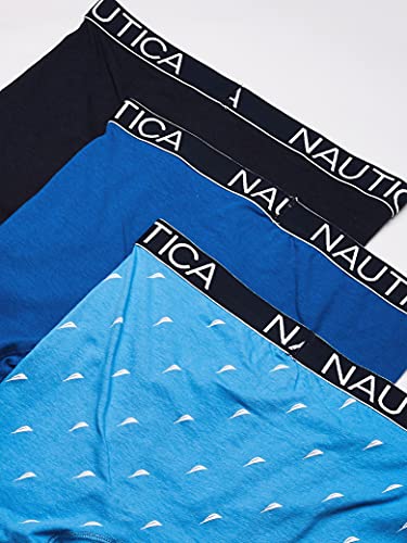 Nautica Men's 3-Pack Classic Underwear Cotton Stretch Boxer Brief, Peacoat/Sea Cobalt/sail Printaero Blue, X-Large