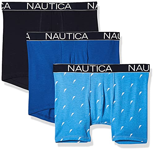 Nautica Men's 3-Pack Classic Underwear Cotton Stretch Boxer Brief, Peacoat/Sea Cobalt/sail Printaero Blue, X-Large