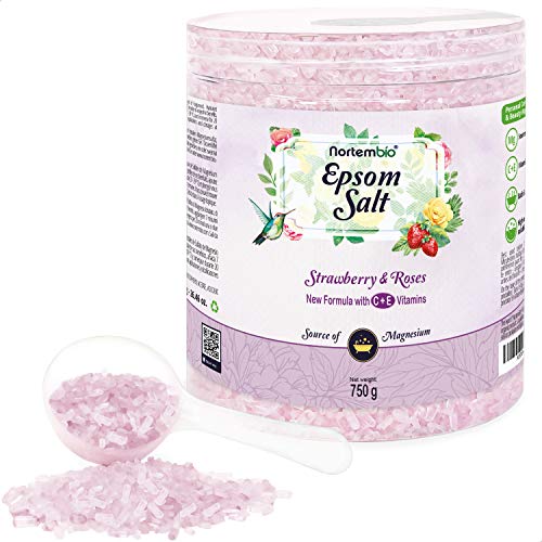 Nortembio Sal de Epsom 750 g. Fragancia Fresa y Rosas. Sal de Baño Hidratada con Vitamina C y E. Relajación de Músculos, Aromaterapia y Buen Sueño. E-Book Incluido.