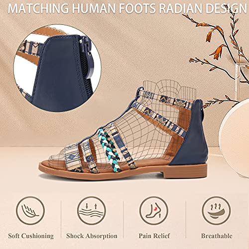 NUHEEL Sandalias de Verano para Mujer,Estilo Bohemio,Zapatos con Patrón de Playa,Cómodas,Moda Gladiador Sandalias de Punta Abierta Boho Planas para Exteriores Informales Azul 41 EU