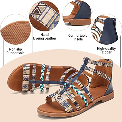 NUHEEL Sandalias de Verano para Mujer,Estilo Bohemio,Zapatos con Patrón de Playa,Cómodas,Moda Gladiador Sandalias de Punta Abierta Boho Planas para Exteriores Informales Azul 41 EU