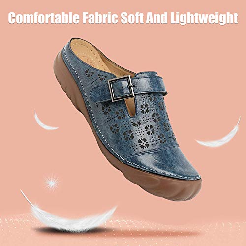 NUHEEL Zuecos Mujer Mules Cuero Cómodos Zapatillas de Playa Verano,Sandalias con Plataforma Sandalias de Cuña,Punta Cerrada Fuera Confort Slip on Zapatos Antideslizantes Casuales Azul 43 EU