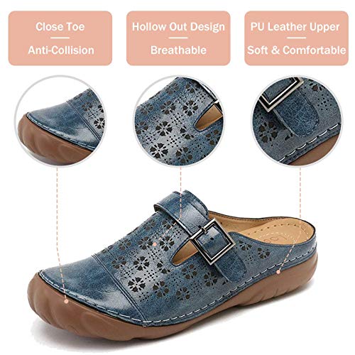 NUHEEL Zuecos Mujer Mules Cuero Cómodos Zapatillas de Playa Verano,Sandalias con Plataforma Sandalias de Cuña,Punta Cerrada Fuera Confort Slip on Zapatos Antideslizantes Casuales Azul 43 EU