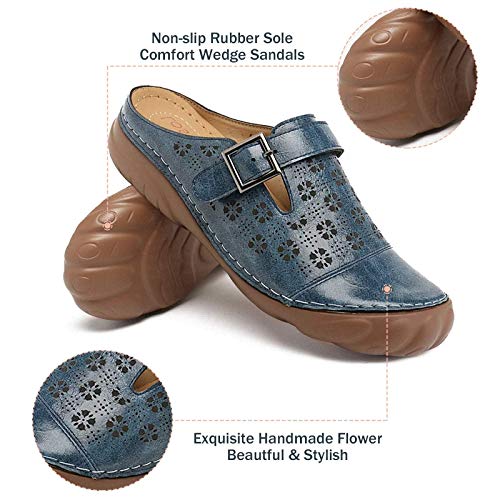 NUHEEL Zuecos Mujer Mules Cuero Cómodos Zapatillas de Playa Verano,Sandalias con Plataforma Sandalias de Cuña,Punta Cerrada Fuera Confort Slip on Zapatos Antideslizantes Casuales Azul 43 EU