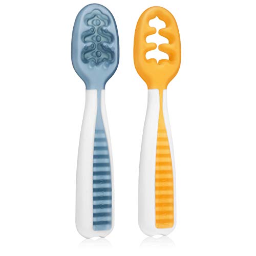 NumNum Precucharas de Aprendizaje Para Bebés, Juego de 2 Cucharas de Silicona (Etapa 1 + Etapa 2), 1 Recomendada por Nutricionistas y Expertos Baby Led Weaning, Ideal Blw, Naranja/Azul