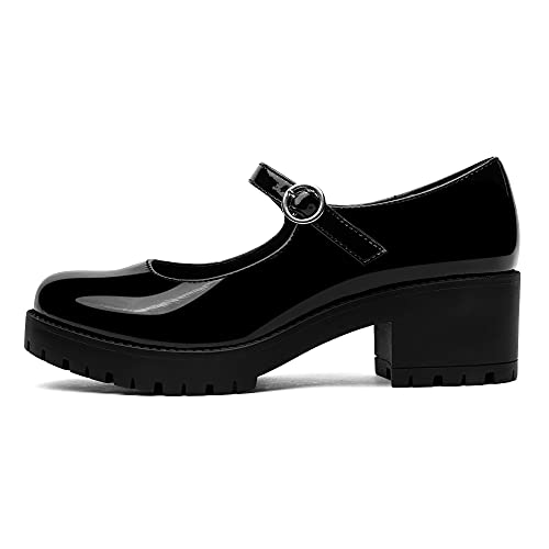 Odetina Mary Jane Lolita - Zapatos de mujer con plataforma gruesa y correa de hebilla y puntera redonda, Negro , 38 EU Schmal