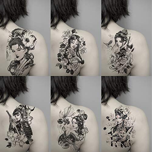 Oottati 6 hojas brazo pierna tatuajes temporales Black Japan Warrior Samurai Goldfish Geisha Bird Lotus Prajna Conejo pour hommes et femmes