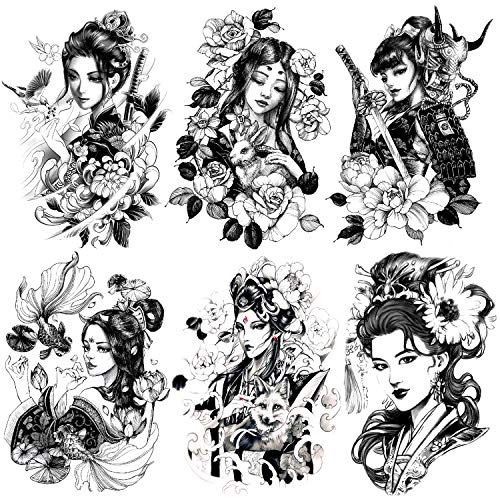 Oottati 6 hojas brazo pierna tatuajes temporales Black Japan Warrior Samurai Goldfish Geisha Bird Lotus Prajna Conejo pour hommes et femmes