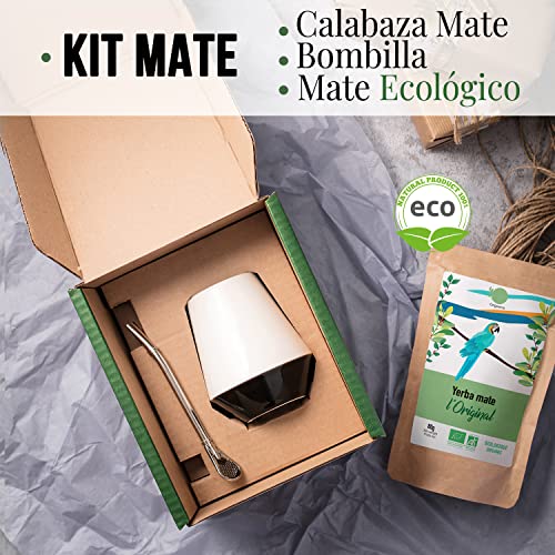 ORIGEENS KIT MATE con Calabaza Mate, Bombilla para mate y Yerba Mate Ecológico Vaso mate de Diseño en Ceramica | Cajita regalo original