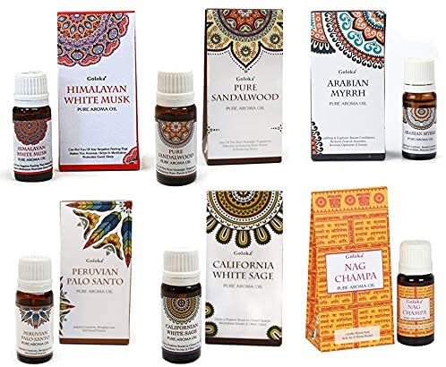 Pack 6 Aceites Esenciales Goloka - Salvia Blanca, Palo Santo, Sándalo, Mirra, Nag Champa, Almizcle Blanco + Decreto DoraZen