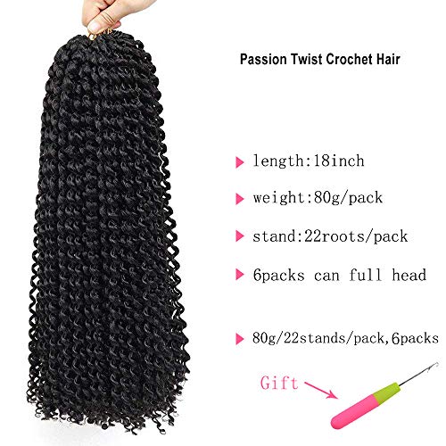 Passion Twist Crochet pelo 6 paquetes de 18 pulgadas QingJun- Bohemia pre bucles sintético ondulado de agua natural trenzas de ganchillo pasión torcido pelo para mujeres negras (18 pulgadas 1B)