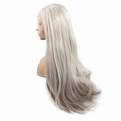 Pelucas para mujer, rubio platino, sintéticas, de encaje frontal, liso, rubio ceniza suave, medio atado a mano, pelo largo y resistente al calor para fiestas y cosplay 66 cm.