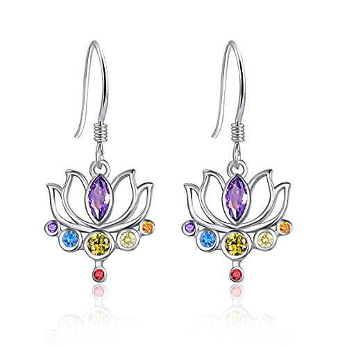 Pendientes de flor de loto de plata de ley 925 con colgante de chakra, hipoalergénicos, con circonita para mujeres, niñas, hija, madre