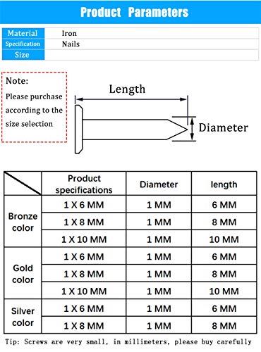 Pequeños Clavos Pequeños Tornillos de Madera Compacto Antiguo DIY Caja Decorativa Accesorios Mini Clavos Oro Plata Bronce 1x6mm, 1x8mm 1x10mm en Caja 1600PCS
