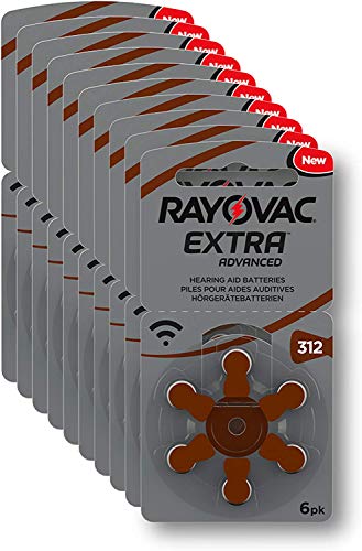 Pilas Potentes y Originales, para audífonos, 10 pack de 6 unds., (60 pilas en total) RAYOVAC PROLINE ADVANCED, Tipo: 312. PREMIUM ZINC AIR. 180 mAh. Fabricadas en Gran Bretaña.