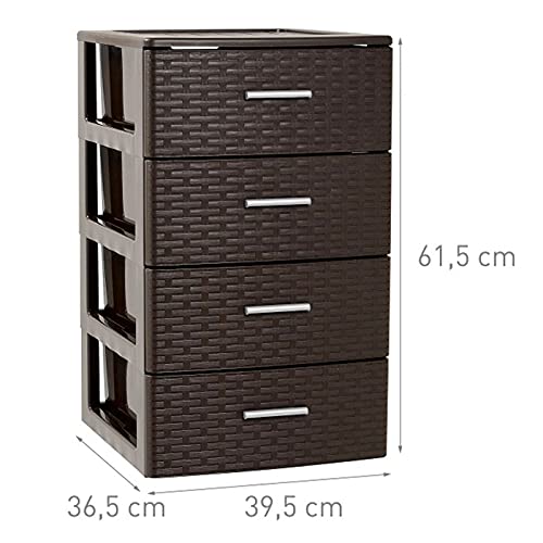 Plastic Forte - Cajonera de ordenación con 4 cajones de plástico efecto mimbre 61,5 x 39,5 x 36,5 cm. Torre de almacenaje multiusos, organizador auxiliar, almacenamiento, baño (4 cajones, Wengue)