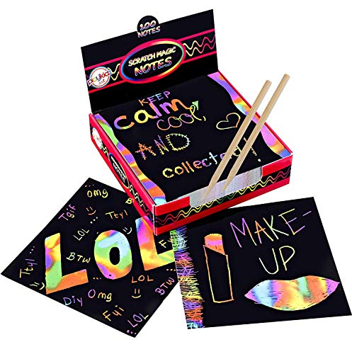 Playkidiz Art Kit de Arte para Rascar - Notas Mágicas para Rascar y [2] Herramientas de Lápiz para Niños y Adultos - 100 Hojas de Papel Negro - CREA Tarjetas, Marcadores, Notas