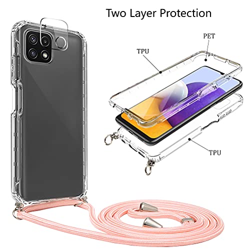 Pnakqil Funda con Cuerda para Samsung Galaxy A22 5G +1 x Película de Lentes Estuche para teléfono de Silicona TPU de 360 Grados Anti-caída con cordón Ajustable para Correa para el Cuello -Oro Rosa