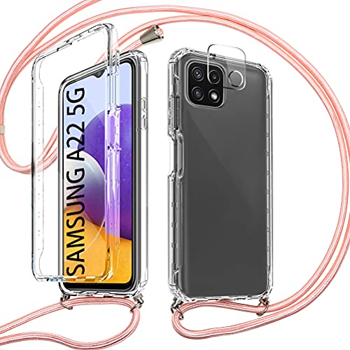 Pnakqil Funda con Cuerda para Samsung Galaxy A22 5G +1 x Película de Lentes Estuche para teléfono de Silicona TPU de 360 Grados Anti-caída con cordón Ajustable para Correa para el Cuello -Oro Rosa