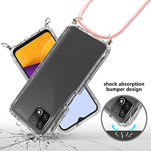 Pnakqil Funda con Cuerda para Samsung Galaxy A22 5G +1 x Película de Lentes Estuche para teléfono de Silicona TPU de 360 Grados Anti-caída con cordón Ajustable para Correa para el Cuello -Oro Rosa