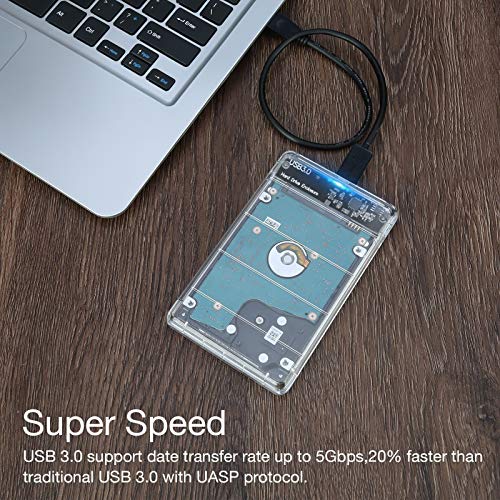 POSUGEAR Carcasa Disco Duro 2.5" USB 3.0, Caja Disco Duro Externo de HDD SSD SATA I/II/III de 7mm 9.5mm de Altura, Sopporta UASP, No Requiere Herramientas, con Cable USB3.0 [Transparente]