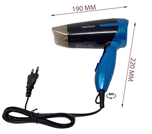 Pritech Secador de pelo de viaje plegable TC-2260 función Ionic, boquilla concentradora de aire, 2 velocidades, perfecto para viaje y para llevarlo a fuera. Secador pequeño 1000W (Azul)