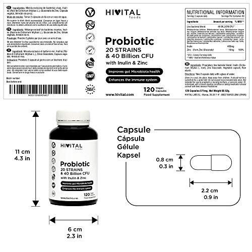 Probiótico 20 cepas 40 mil millones de UFC con Inulina y Zinc. 120 cápsulas veganas gastroresistentes para 2 meses. Probióticos y Prebióticos para mejorar la salud gastrointestinal y el sistema inmune