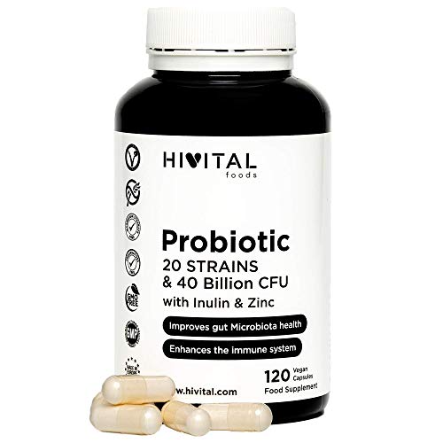 Probiótico 20 cepas 40 mil millones de UFC con Inulina y Zinc. 120 cápsulas veganas gastroresistentes para 2 meses. Probióticos y Prebióticos para mejorar la salud gastrointestinal y el sistema inmune