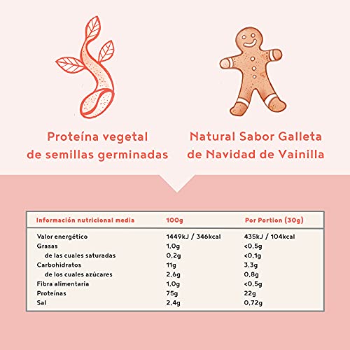 Proteína Vegana - GALLETA NAVIDEÑAS DE VAINILLA - Proteinas vegetal de soja, arroz, guisantes, semillas de lino, amaranto, semillas de girasol y semillas de calabaza germinadas - 600 g en polvo…