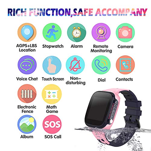 PTHTECHUS Niños Smartwatch, Reloj Inteligente Phone con LBS Tracker SOS Chat de Voz Cámara Despertador Juego Cálculo para Regalos Estudiantes Compatible con iOS Android (01 LBS SOS Rosa)