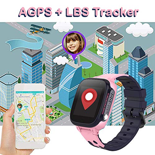 PTHTECHUS Niños Smartwatch, Reloj Inteligente Phone con LBS Tracker SOS Chat de Voz Cámara Despertador Juego Cálculo para Regalos Estudiantes Compatible con iOS Android (01 LBS SOS Rosa)