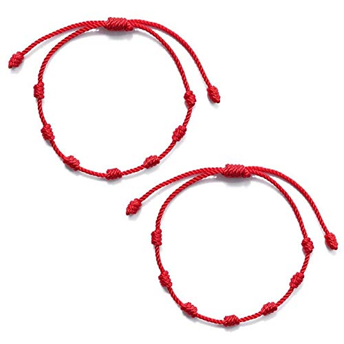 Pulsera 7 nudos roja- Proteccion mal de ojo - Unixex, para hombre y mujer- Kabbalah - Regalo ideal para parejas. Atrae la buena suerte